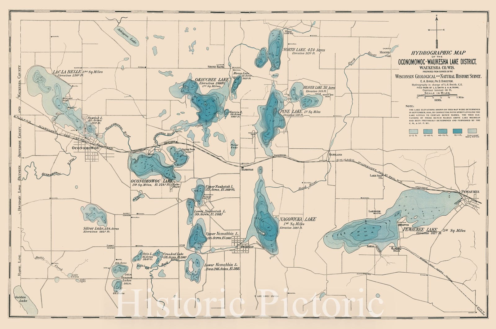 Historic Map : Oconomowoc Lake District, Waukesha County, Wisconsin 1898, Hydrographic map of the Oconomowoc-Waukesha Lake District, Waukesha County, Wis. , Antique Vintage Reproduction