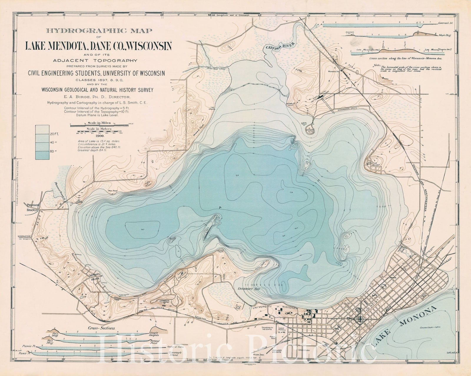 Map : Lake Mendota, Dane County, Wisconsin 1900, Hydrographic map of Lake Mendota, Dane Co., Wisconsin, and of its adjacent topography , Antique Vintage Reproduction