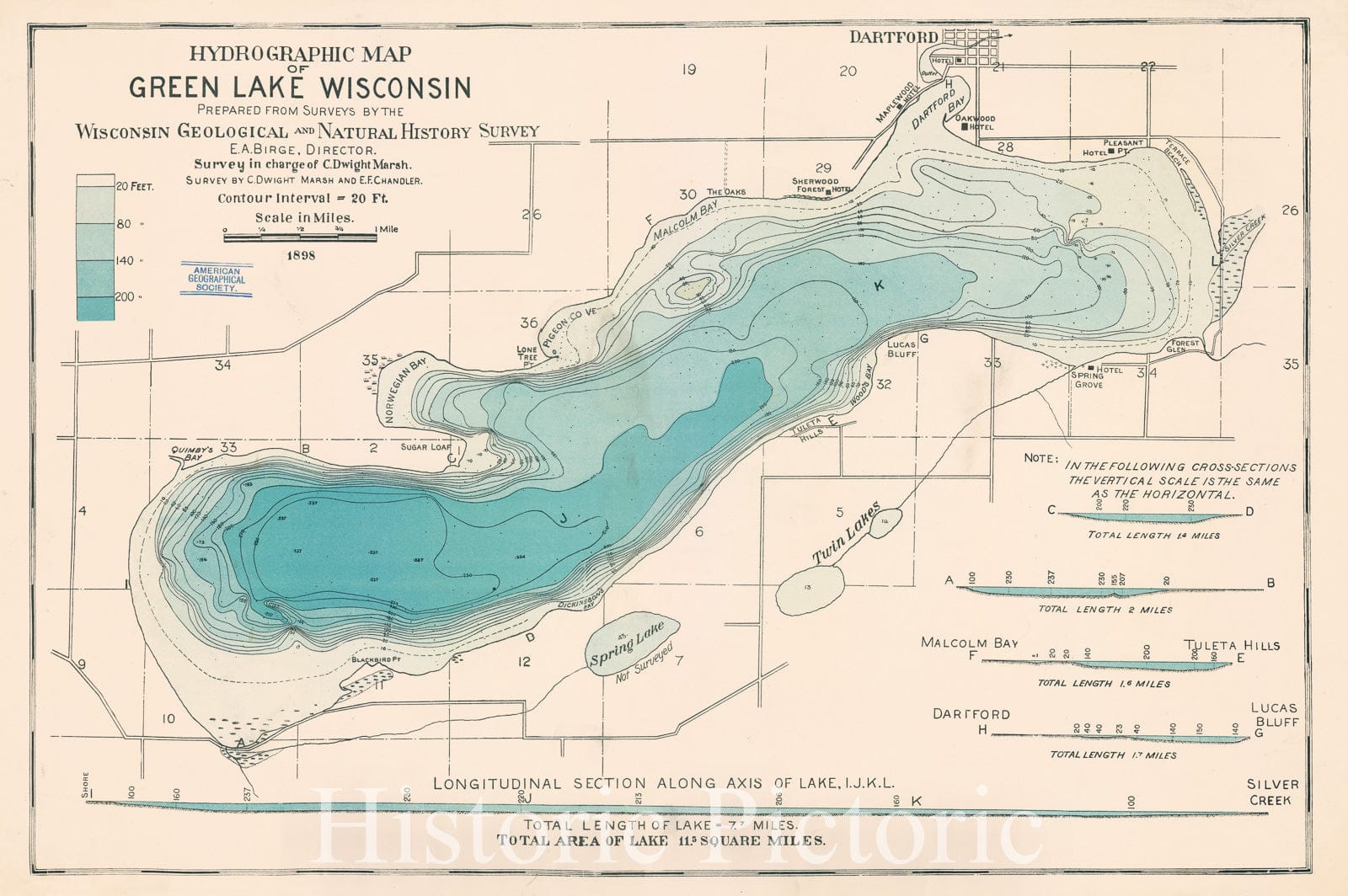 Map : Green Lake, Green Lake County, Wisconsin 1898, Hydrographic map of Green Lake, Green Lake County, Wis. , Antique Vintage Reproduction