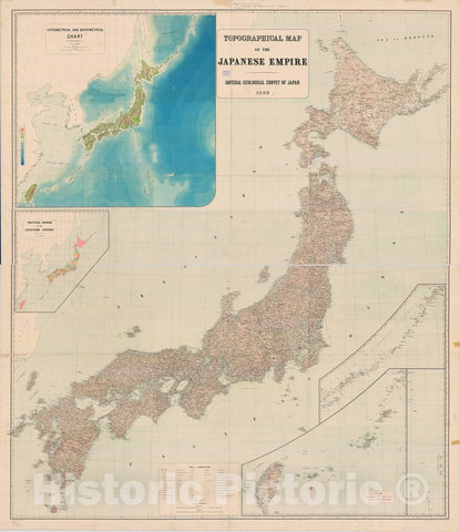 Map : Japan 1899, Topographical map of the Japanese Empire , Antique Vintage Reproduction