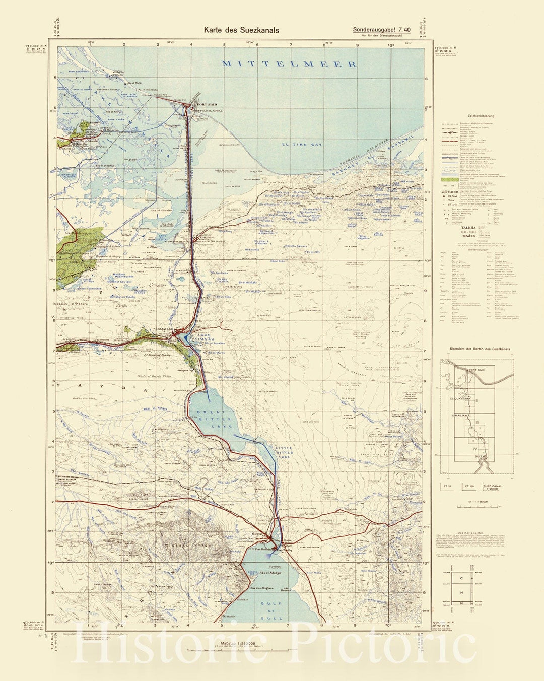 Map : Suez Canal, Egypt 1938, Karte des Suezkanals , Antique Vintage Reproduction