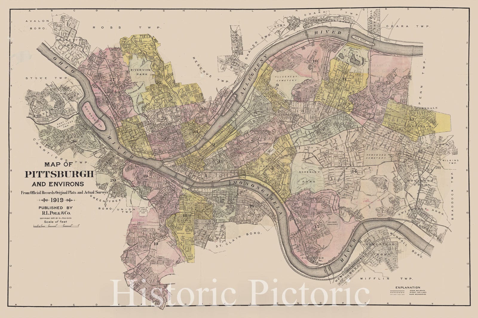 Map : Pittsburgh, Pennsylvania 1919, Map of Pittsburgh and environs : |b from official records, original plat and actual surveys , Antique Vintage Reproduction