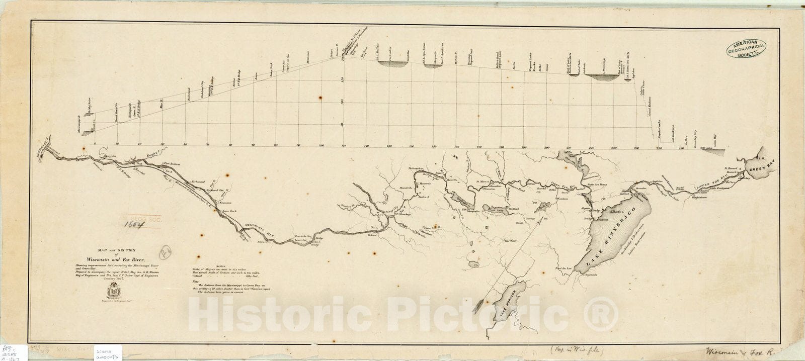 Historic Map : Wisconsin River 1867, Map of section of Wisconsin and Fox River showing improvement for connecting the Mississippi River and Green Bay , Antique Vintage Reproduction