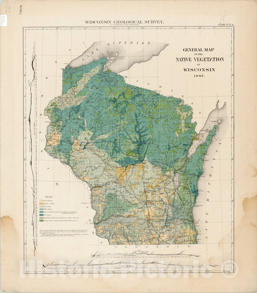 Map : Wisconsin 1882, General map of the native vegetation of Wisconsin 1882 , Antique Vintage Reproduction