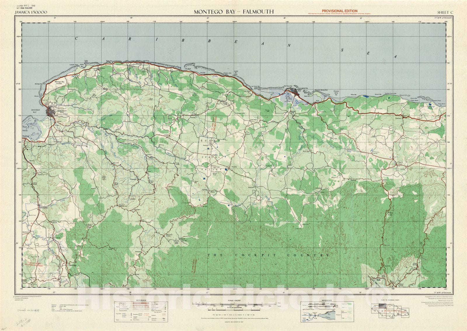 Map : Montego Bay, Falmouth, Jamaica 1947, Jamaica 1:50,000, Antique Vintage Reproduction