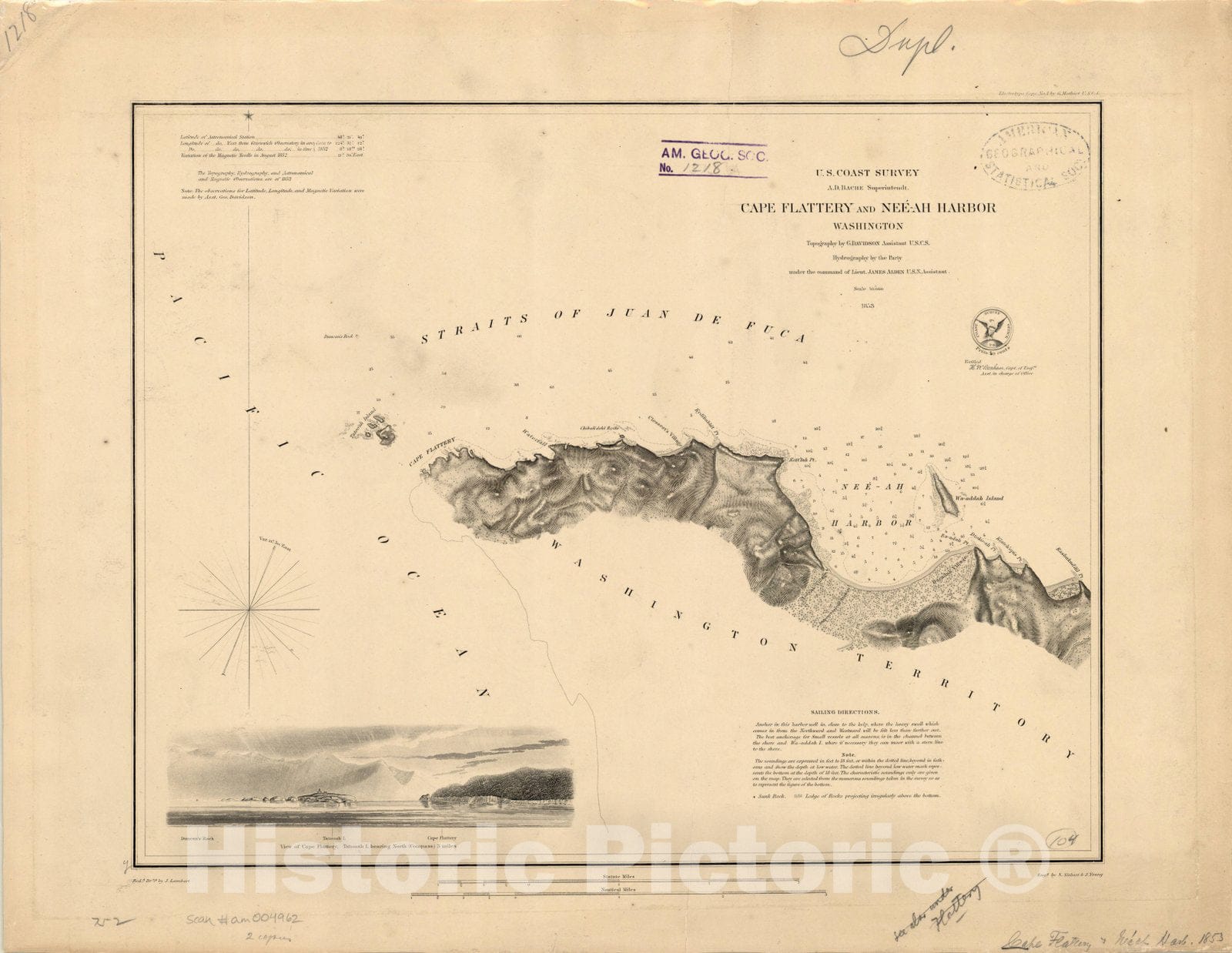 Map : Neah Bay, Washington 1853, Cape Flattery and Nee-ah Harbor, Washington , Antique Vintage Reproduction