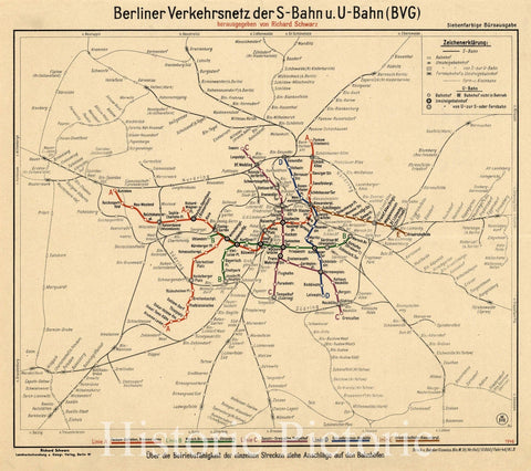 Map : Berlin, Germany 1946, Berliner Verkehrsnetz der S-Bahn u. U-Bahn (BVG) , Antique Vintage Reproduction