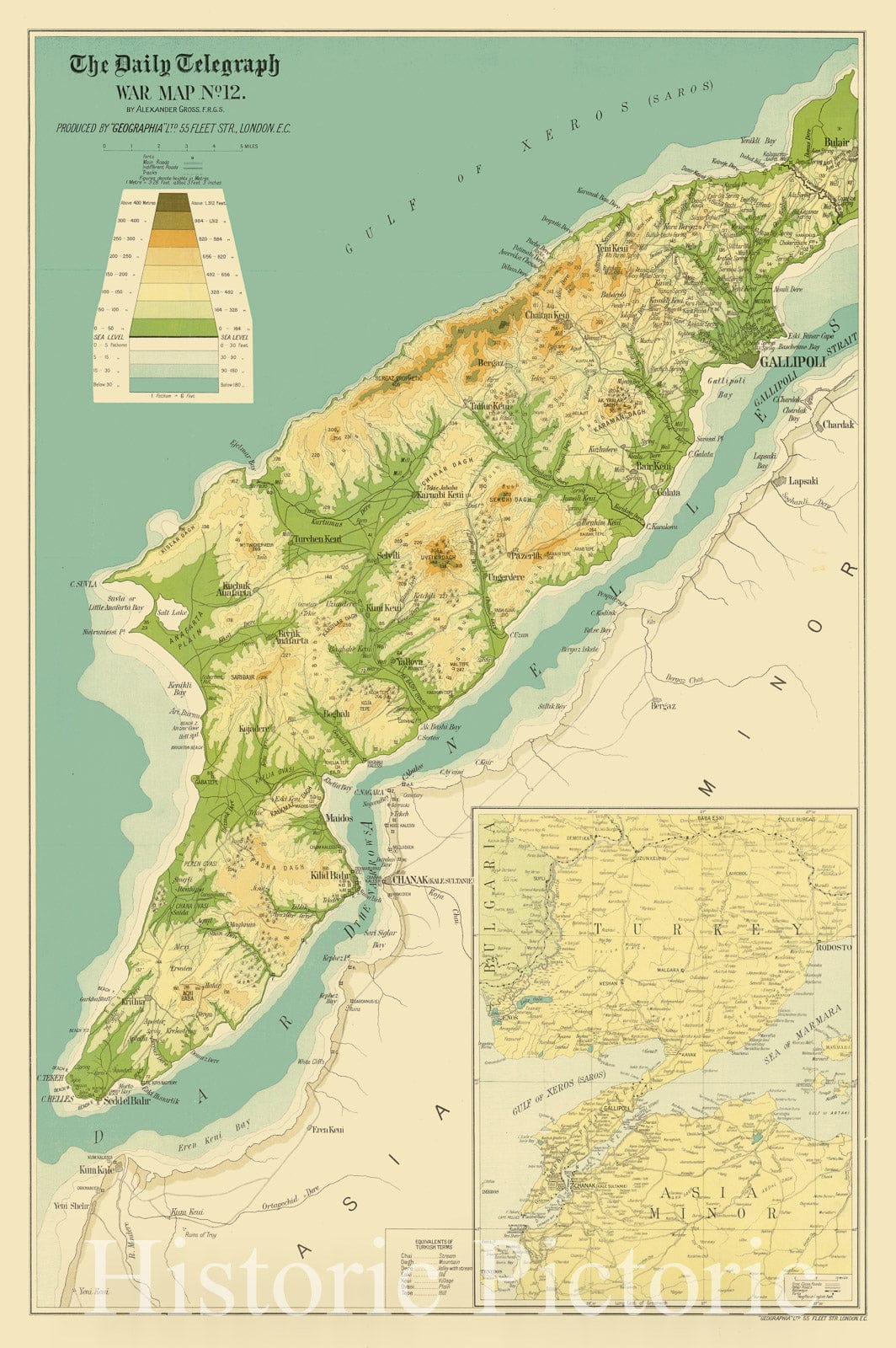 Map : Gallipoli Peninsula 1915, The Daily Telegraph war map no. 12 [Gallipoli Peninsula] , Antique Vintage Reproduction