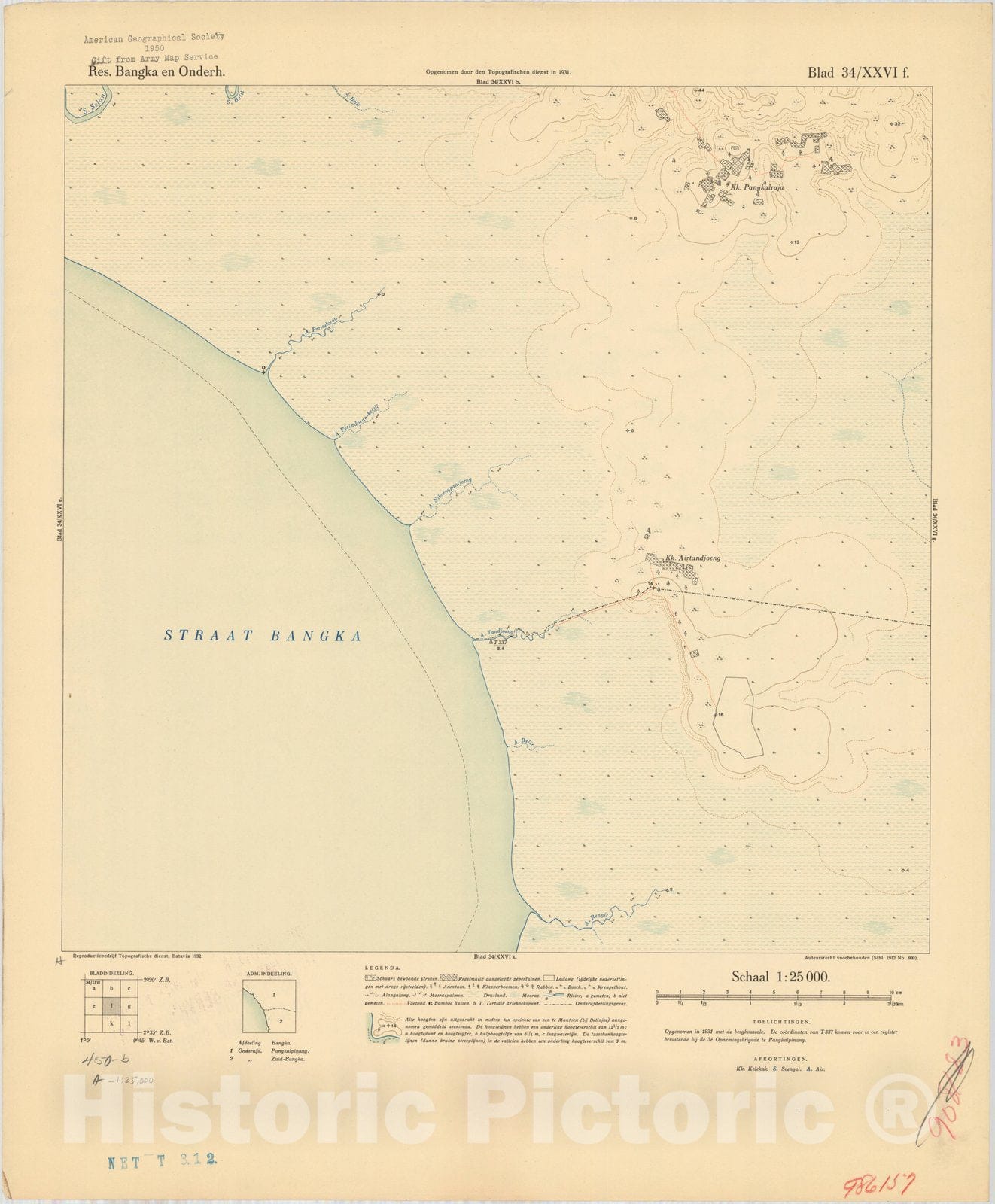 Map : Bangka Island, Indonesia 1935 16, Res. Bangka en Onderh : topografische en fotogrammetrische kaarterring, Antique Vintage Reproduction
