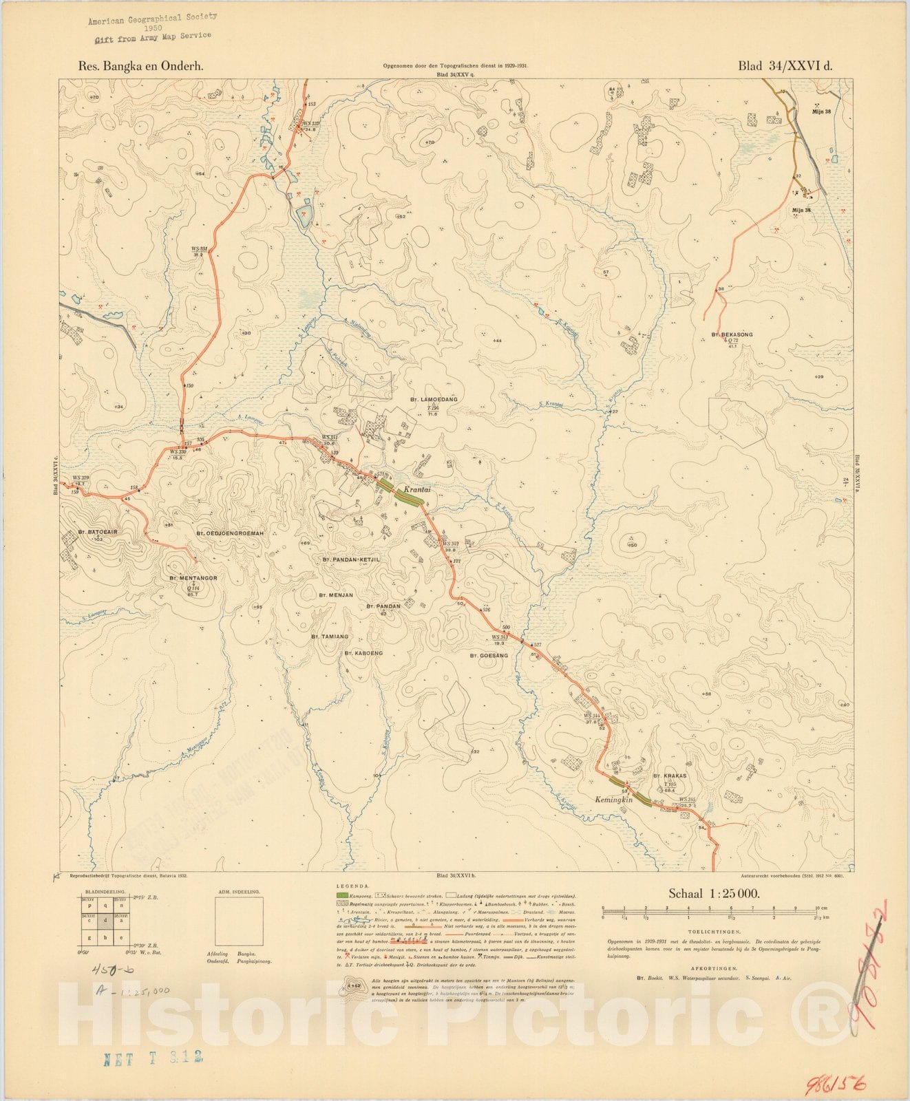 Map : Bangka Island, Indonesia 1935 22, Res. Bangka en Onderh : topografische en fotogrammetrische kaarterring, Antique Vintage Reproduction