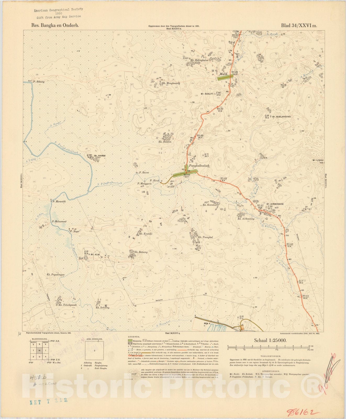 Map : Bangka Island, Indonesia 1935 14, Res. Bangka en Onderh : topografische en fotogrammetrische kaarterring, Antique Vintage Reproduction