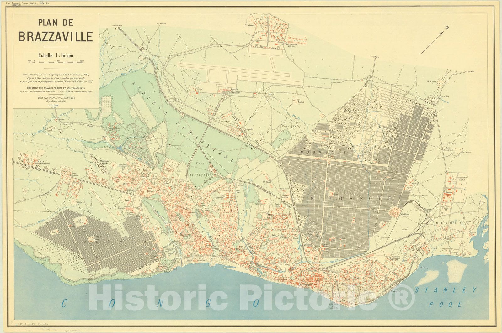 Map : Brazzaville, Congo 1954, Plan de Brazzaville , Antique Vintage Reproduction