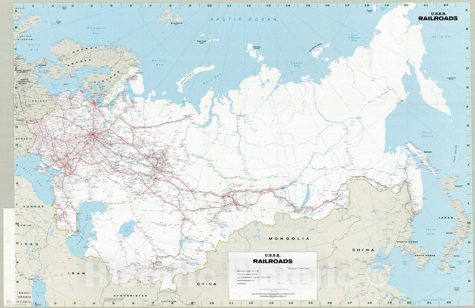 Map : Soviet Union 1976, U.S.S.R. railroads, Antique Vintage Reproduction