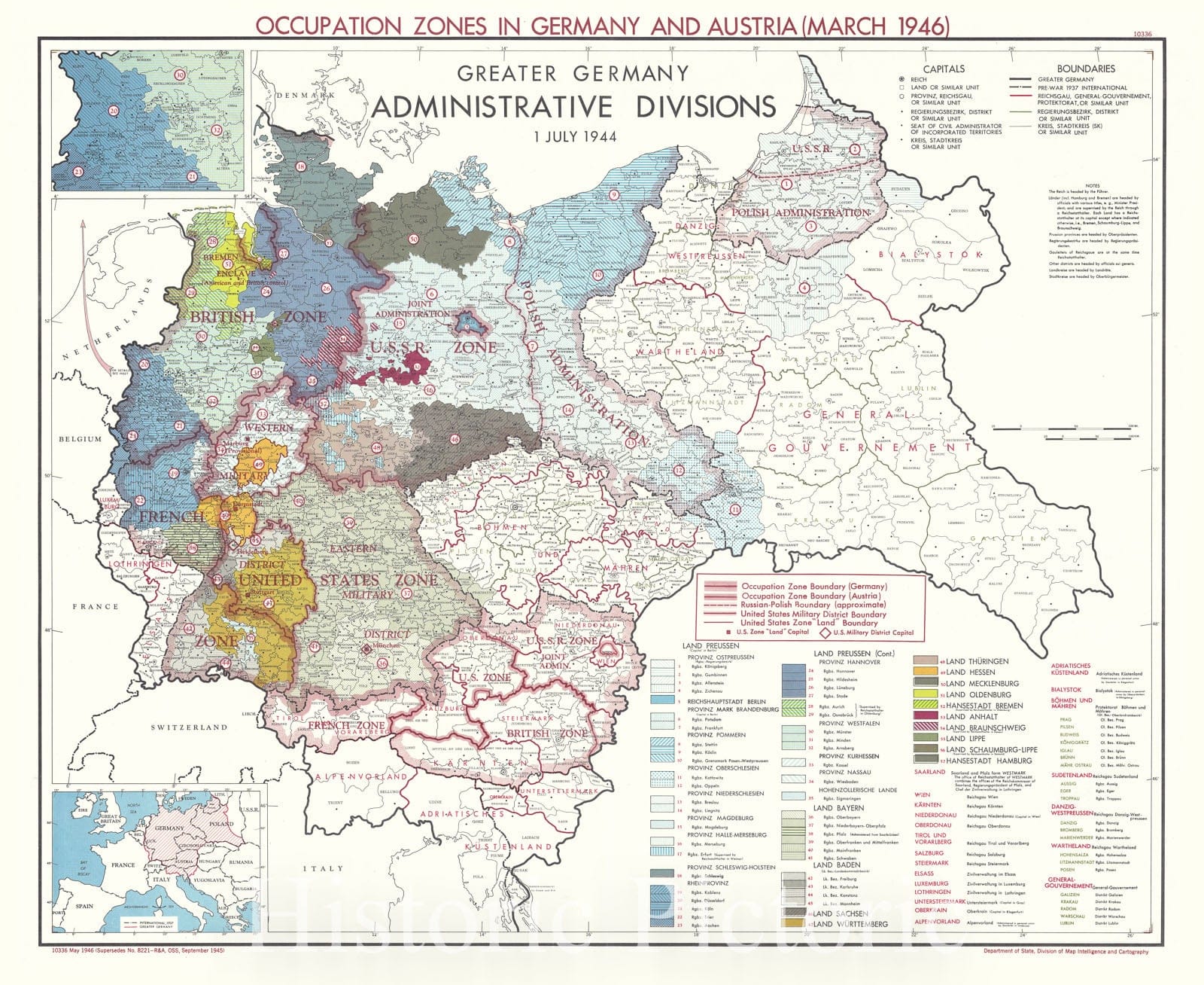 Historic Map : Germany and Austria 1946, Occupation zones in Germany and Austria (March 1946) : Greater Germany Administrative Divisions 1 July 1944 , Antique Vintage Reproduction