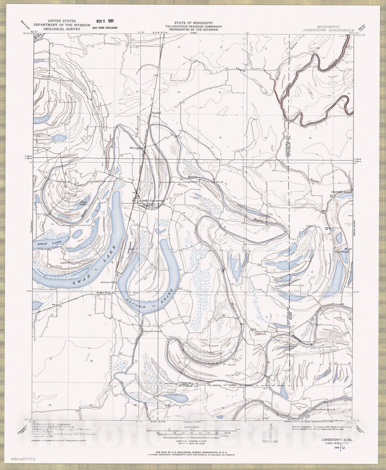Map Jonestown, Mississippi 1908, Mississippi, Jonestown quadrangle