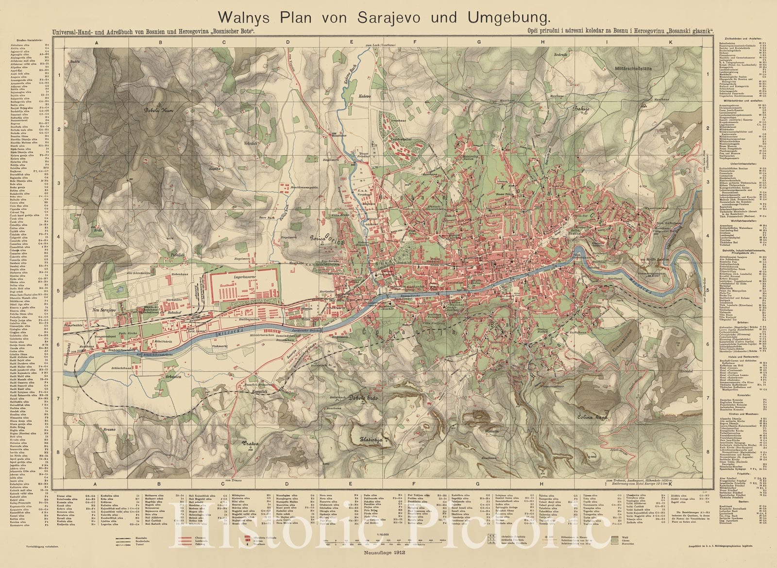Map : Sarajevo, Bosnia and Herzegovina 1912, Walnys plan von Sarajevo und umgebung, Antique Vintage Reproduction