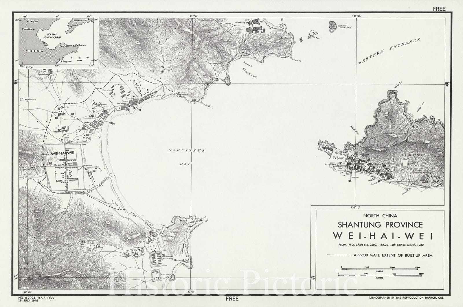 Map : Weihai Shi, China 1945, North China, Shantung Province, Wei-hai-wei , Antique Vintage Reproduction