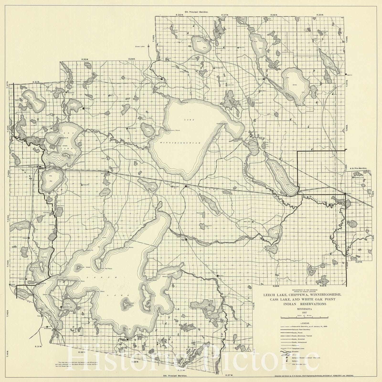Map : Minnesota 1937, Leech Lake, Chippewa, Winnibigoshish, Cass Lake, and White Oak Point, Indian Reservations, Minnesota 1937, Antique Vintage Reproduction