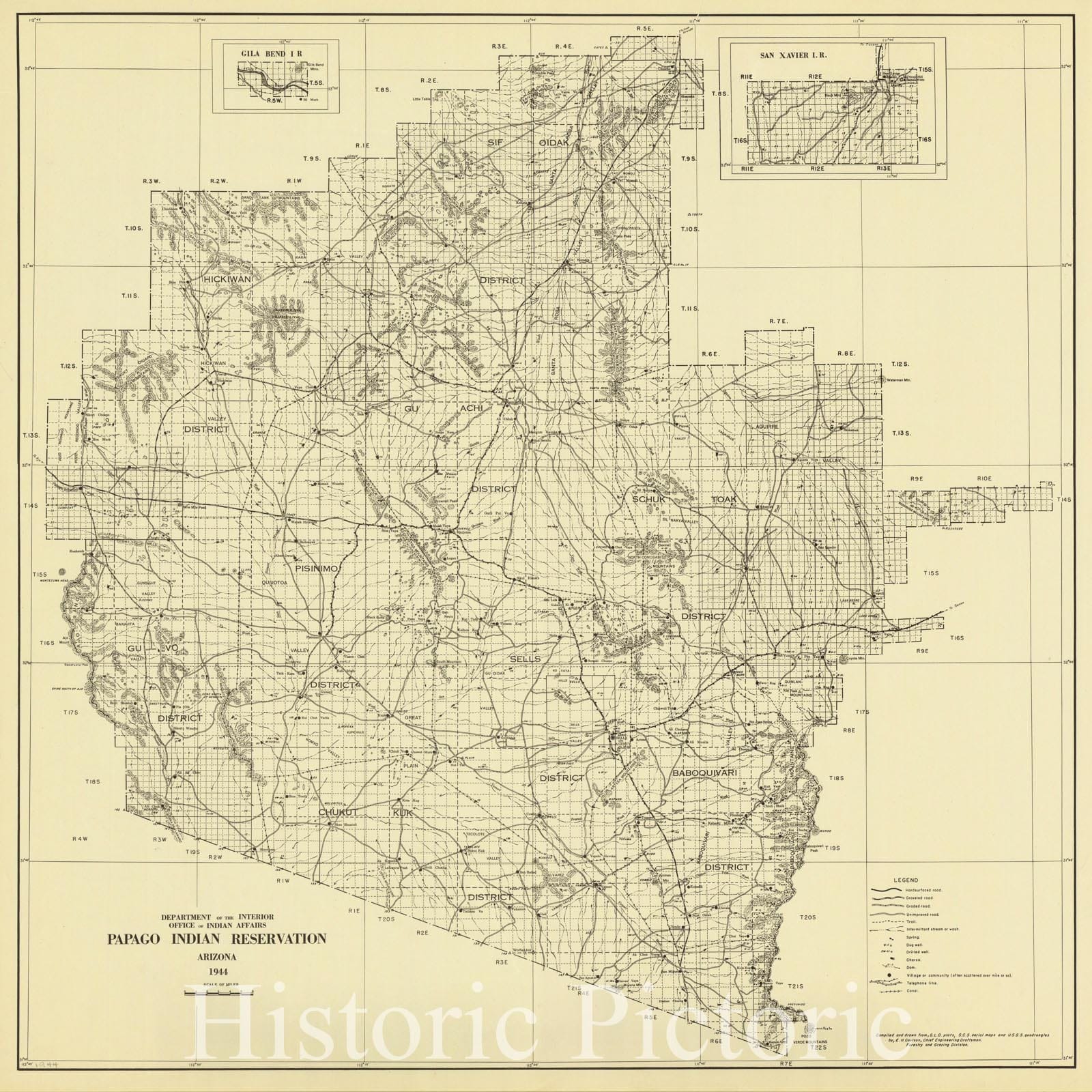 Map : Tohono O'odham Reservation, Arizona 1944, Papago Indian Reservation, Arizona , Antique Vintage Reproduction