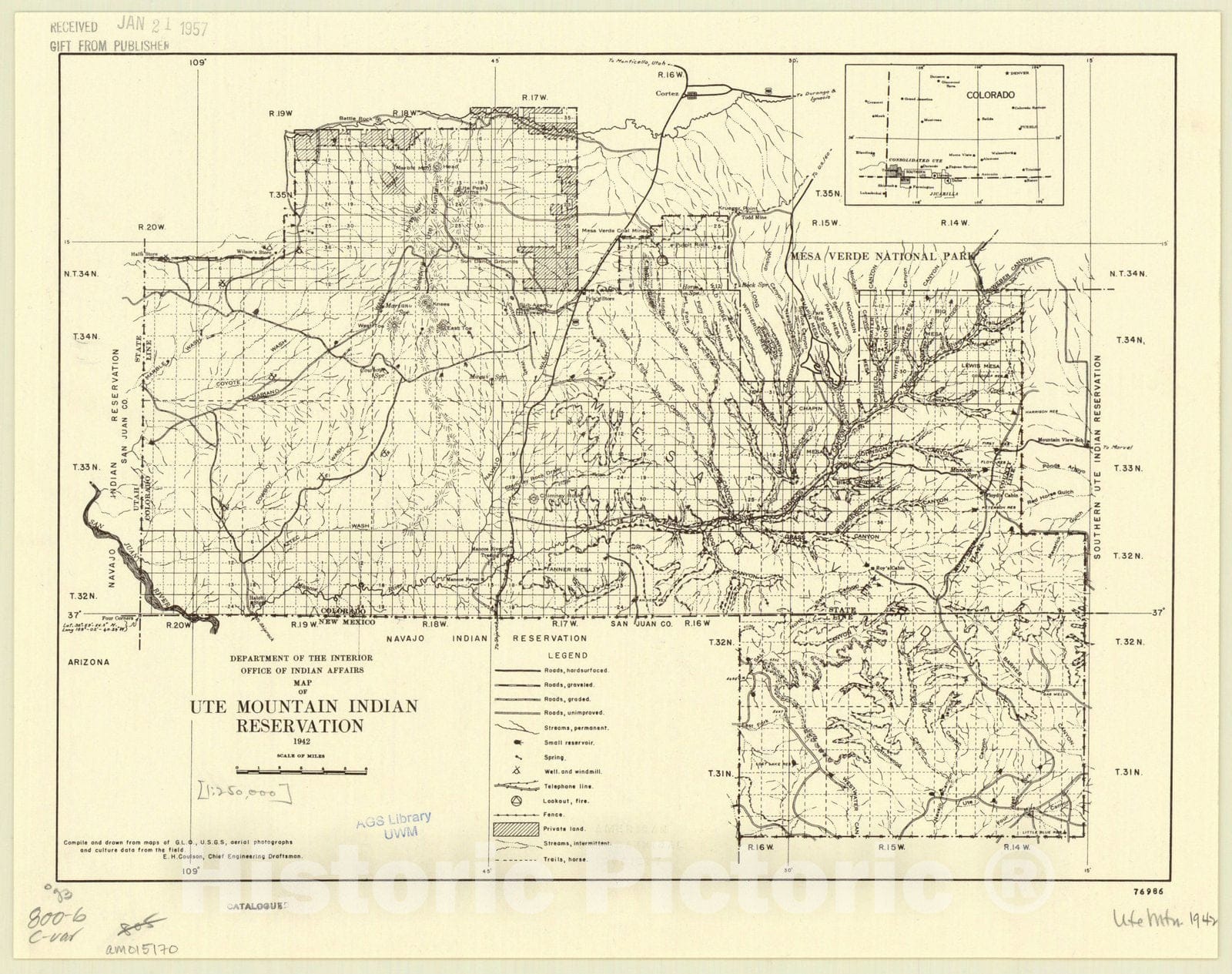 Map : Ute Mountain Indian Reservation, Colorado 1942, Ute Mountain Indian Reservation 1942, Antique Vintage Reproduction
