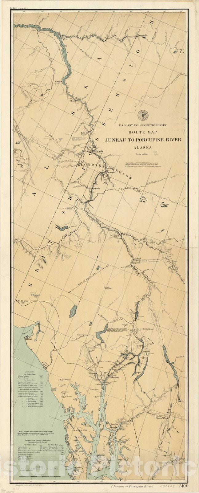 Map : Juneau to Porcupine River, Alaska 1898, Route map, Juneau to Porcupine River, Alaska , Antique Vintage Reproduction