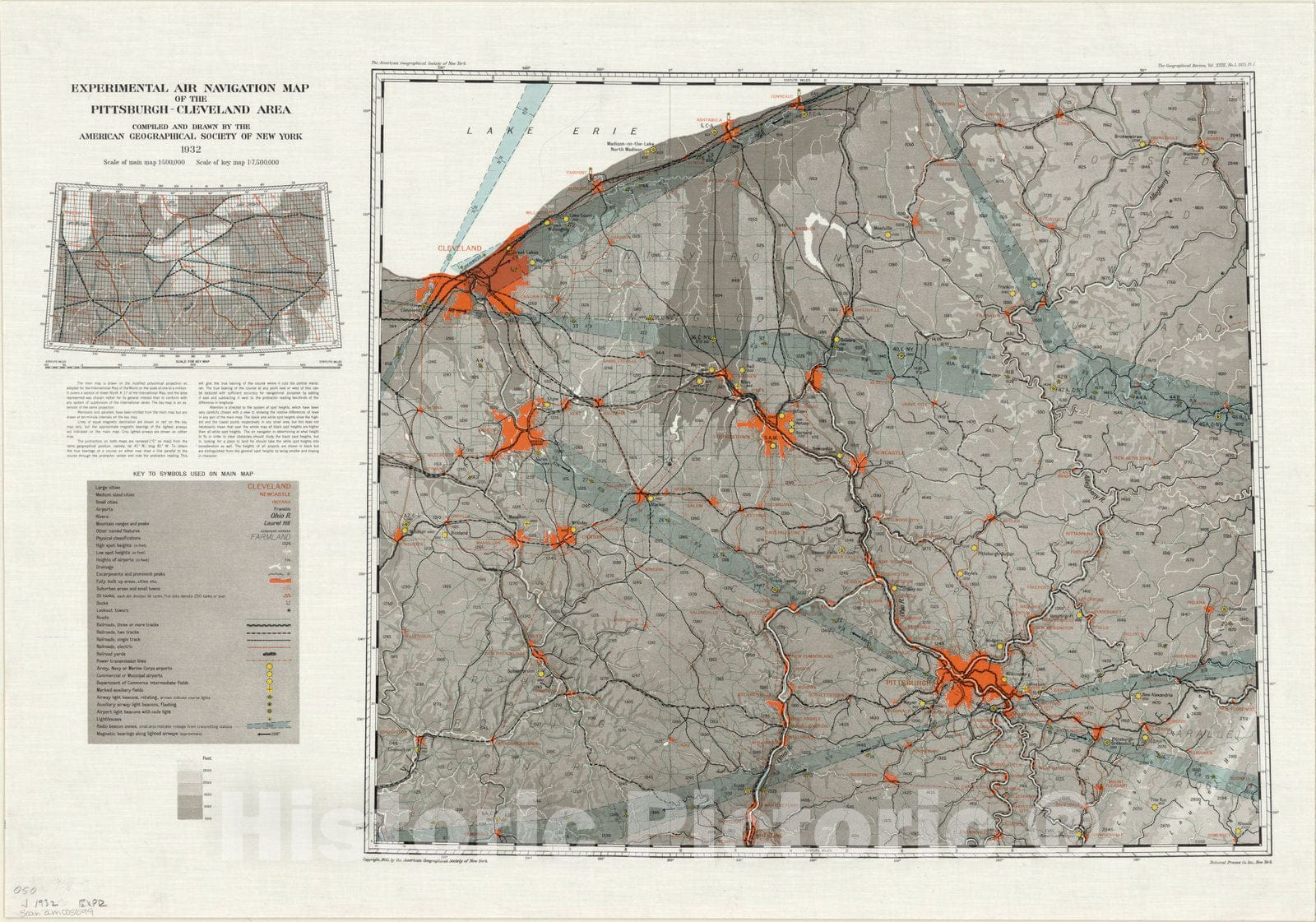 Map : Pittsburgh-Cleveland, Pennsylvania and Ohio 1932, Experimental air navigation map of the Pittsburgh-Cleveland area , Antique Vintage Reproduction
