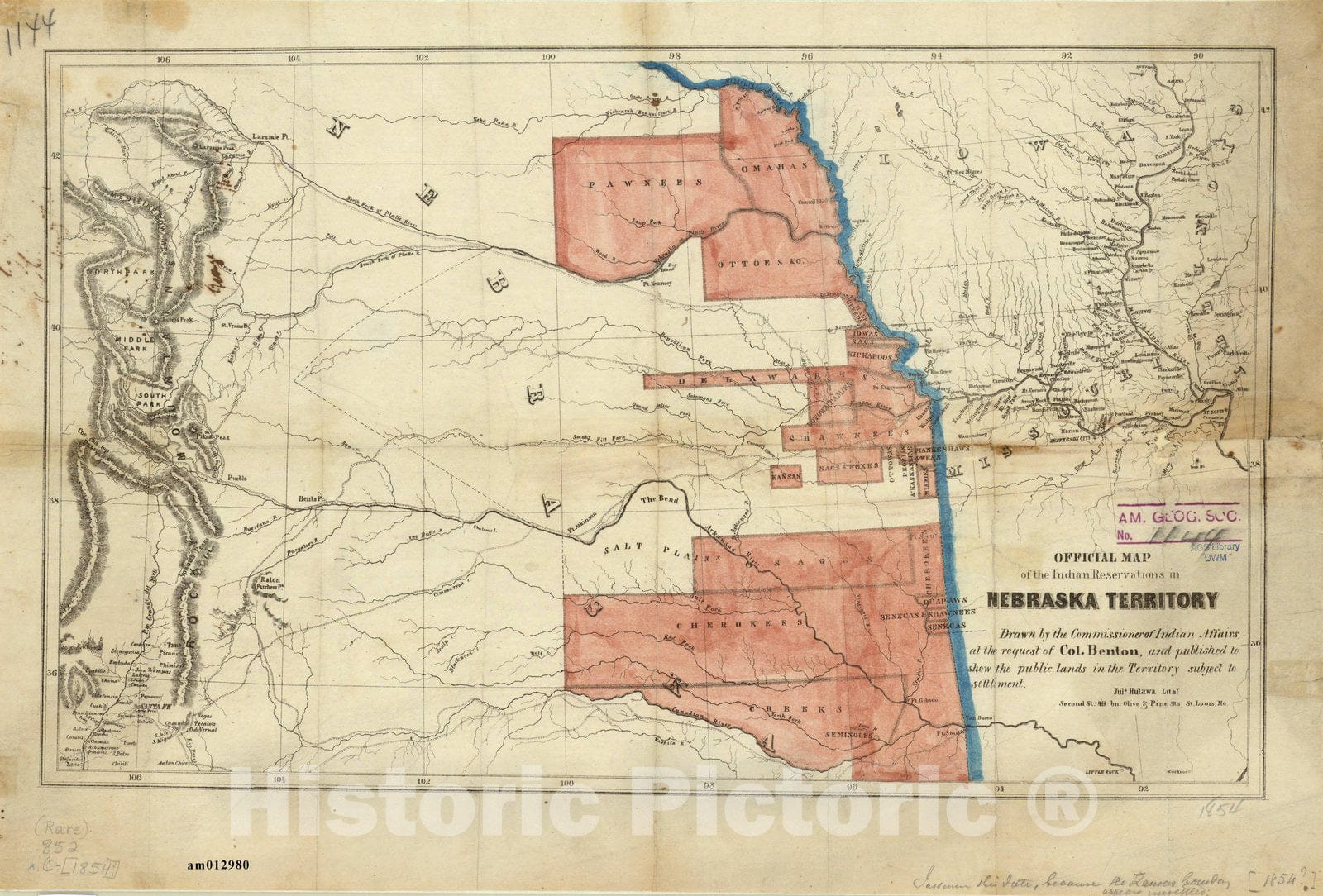 Map Nebraska Territory 1854, Official map of the Indian Reservations