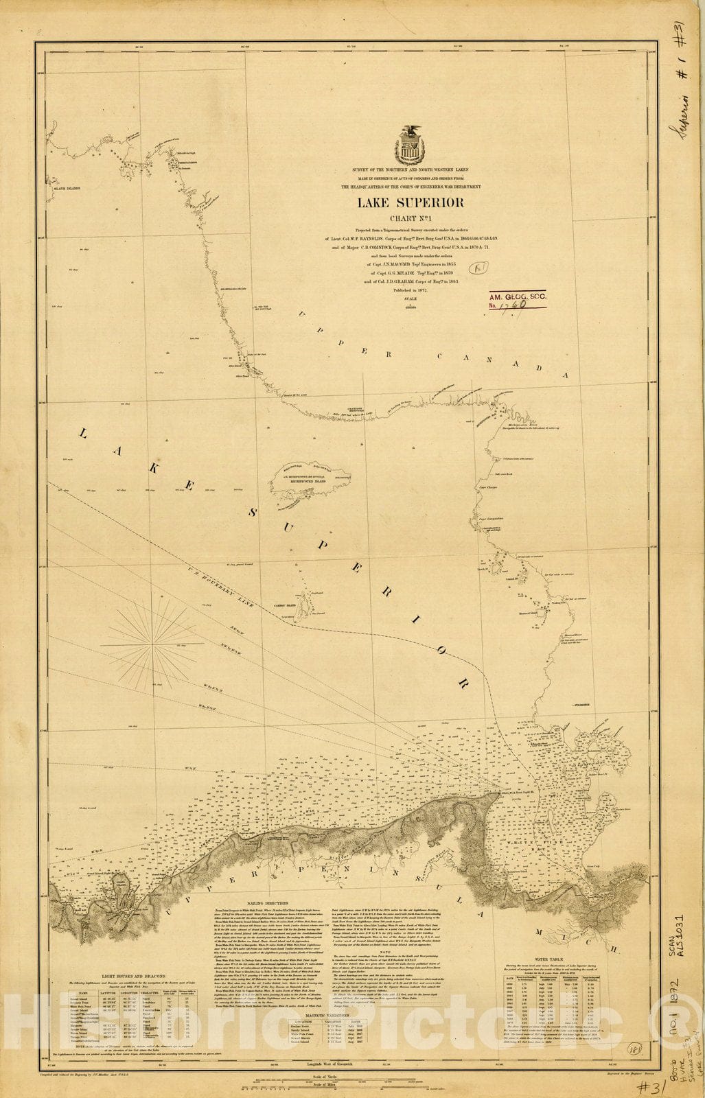 Map : Lake Survey Charts, Lake Superior chart no. 1, Antique Vintage Reproduction
