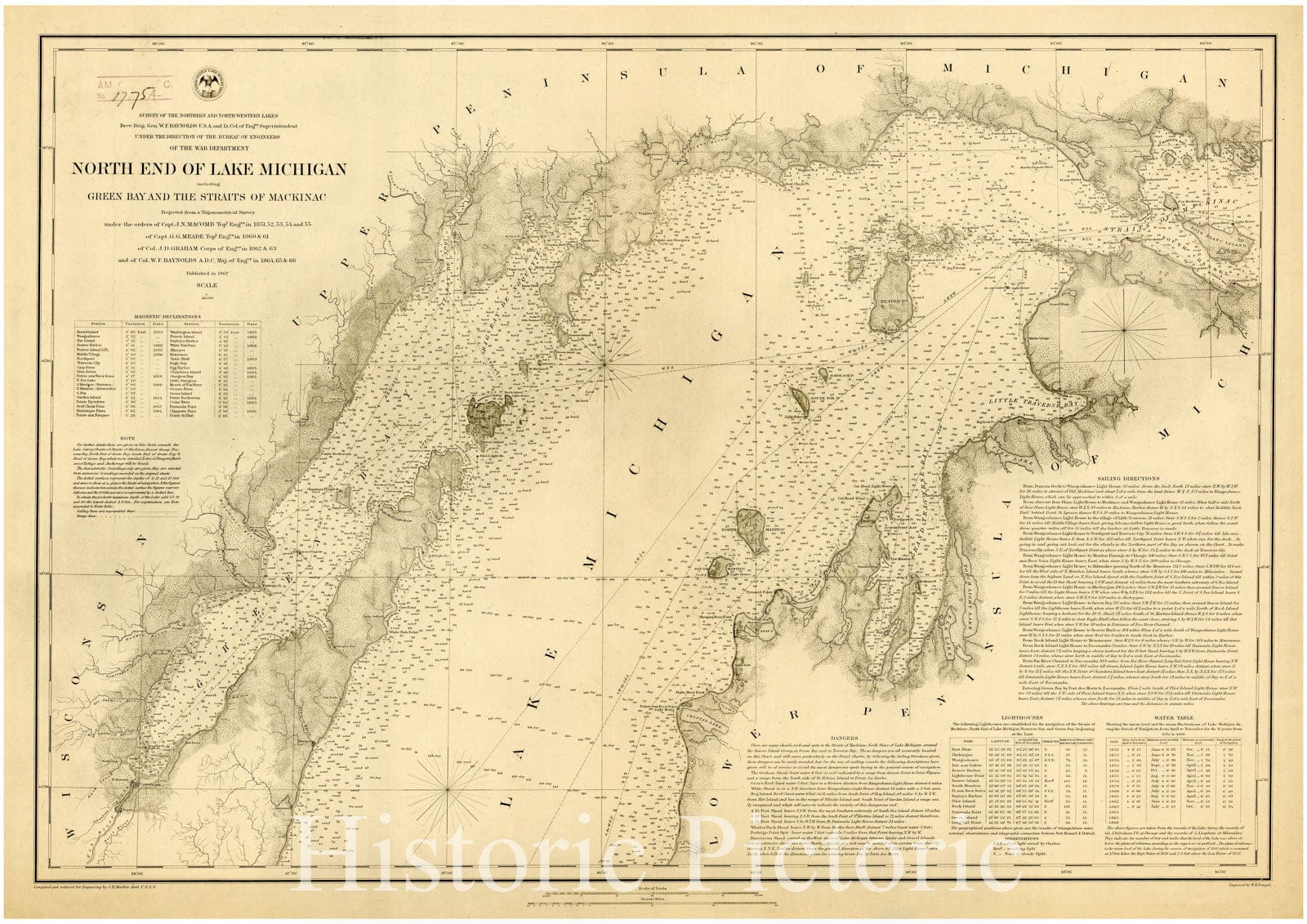 Map : Lake Survey Charts, North end of Lake Michigan including Green Bay and the straights of Mackinac, Antique Vintage Reproduction