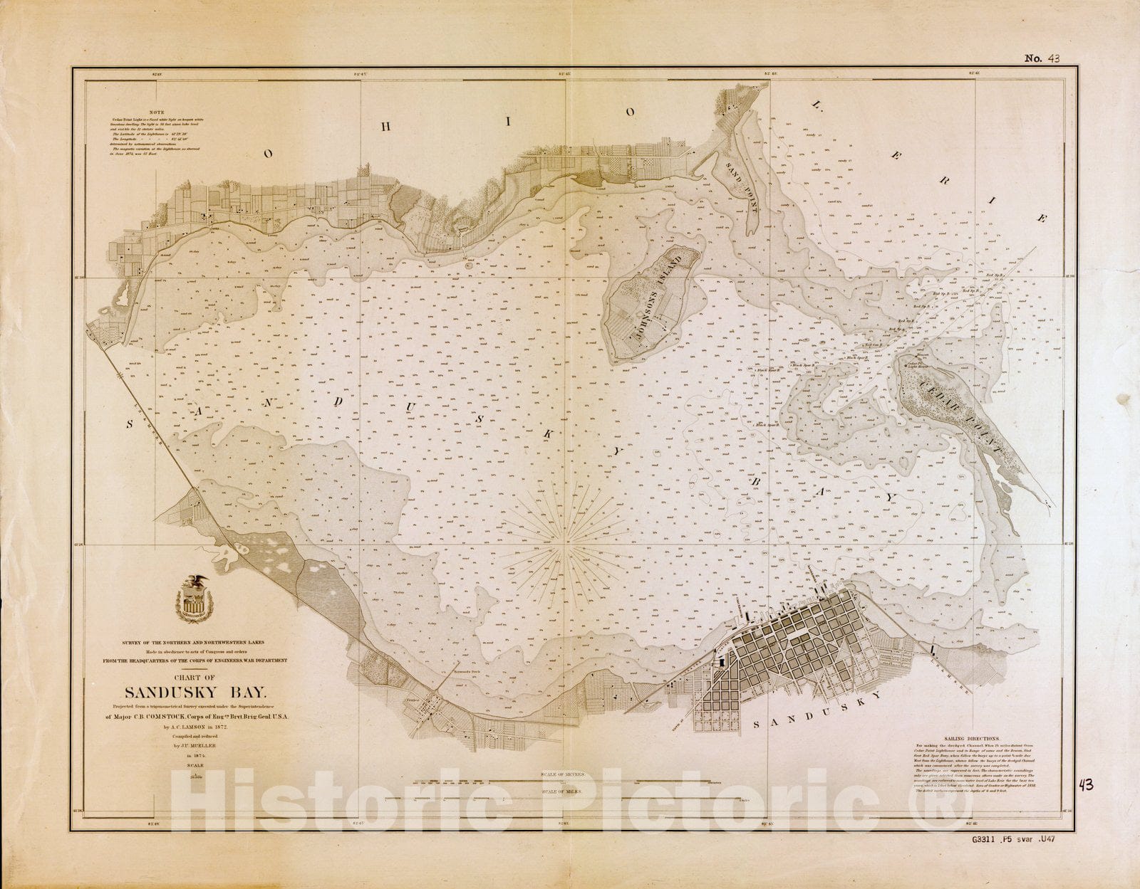 Map Lake Survey Charts, Chart of Sandusky Bay, Antique Vintage Repro