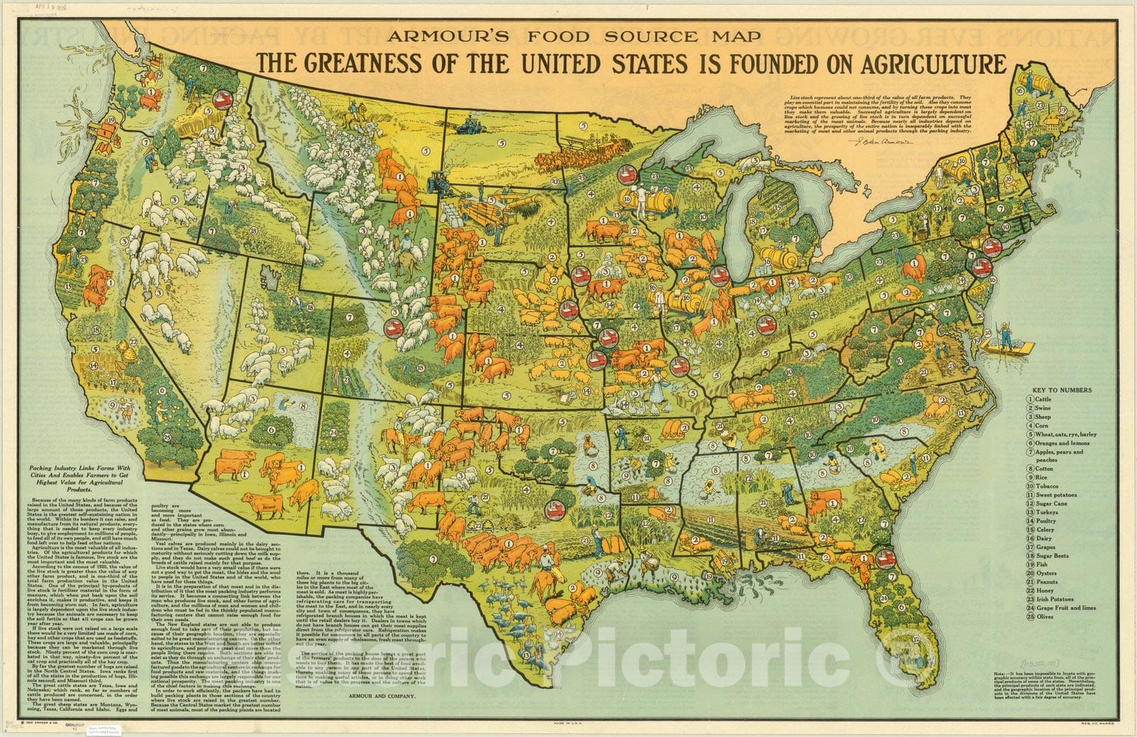 Map : United States Food 1922, Armour's food source map : the greatness of the United States is founded on agriculture , Antique Vintage Reproduction