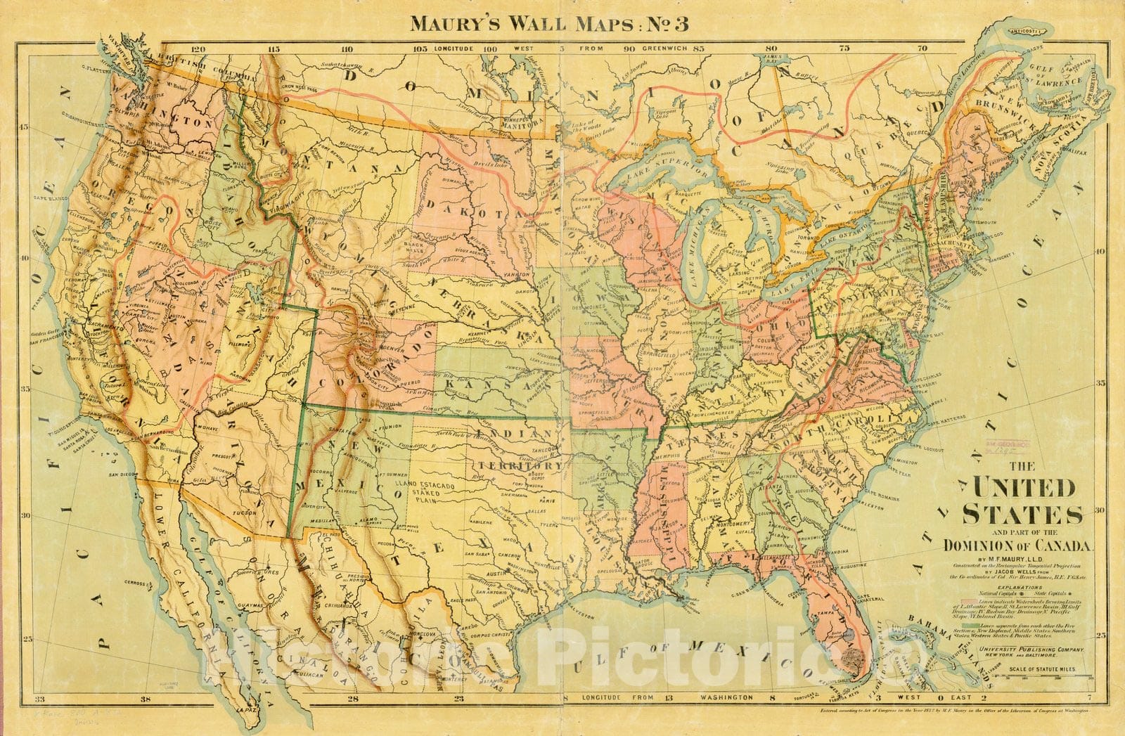 Map : United States 1872, The United States and part of the Dominion of Canada , Antique Vintage Reproduction