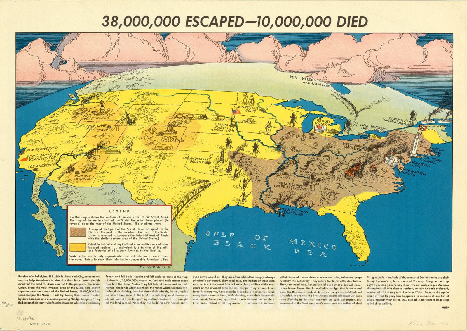 Map : United States 1943, 38,000,000 escaped -- 10,000,000 died , Antique Vintage Reproduction
