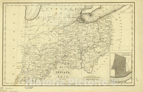 Map : Indiana, Ohio and the Territory of Michigan 1832, Map of the states of Indiana and Ohio with part of Michigan Territory , Antique Vintage Reproduction