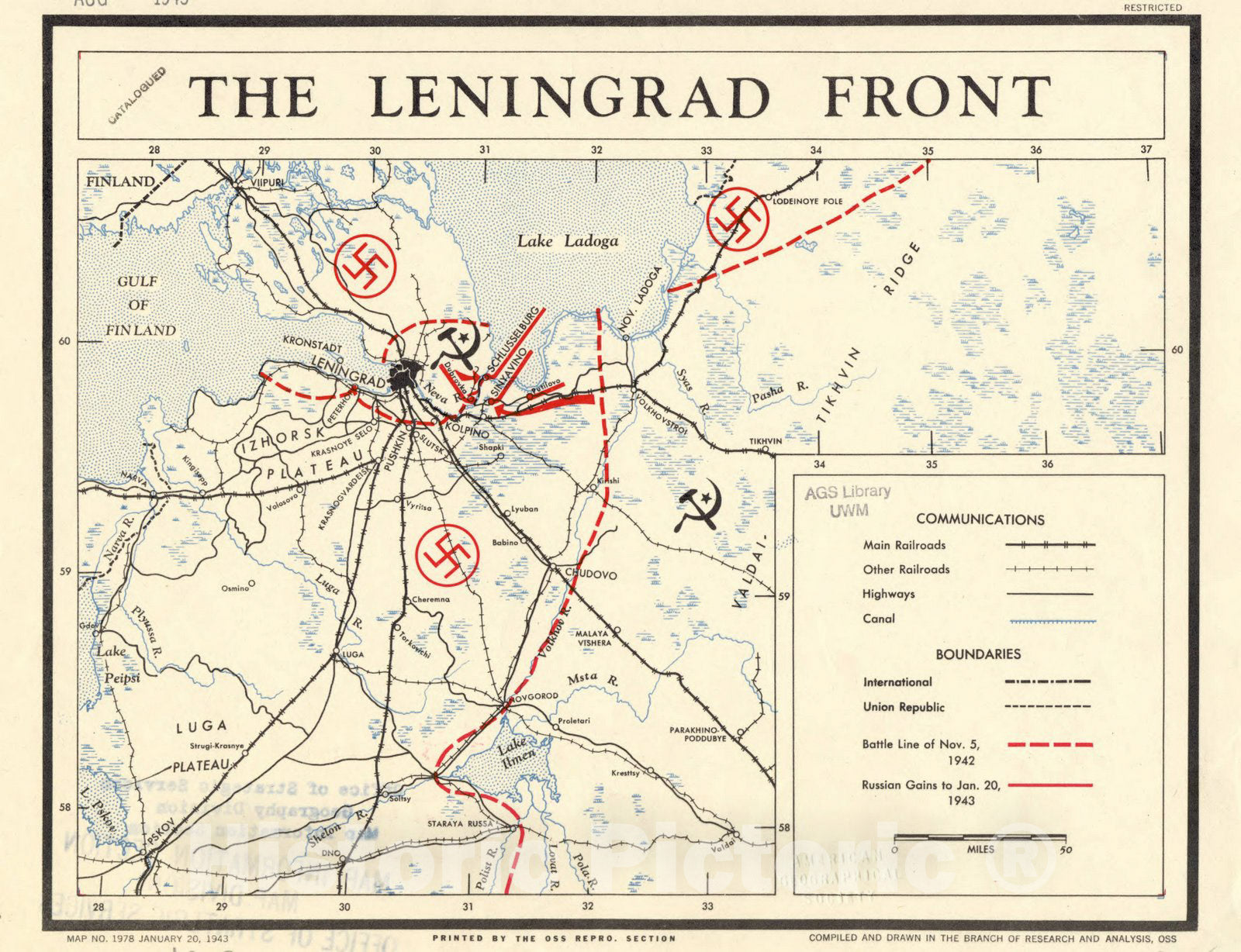 Map : Russia, Leningrad 1943, The Leningrad front , Antique Vintage Reproduction