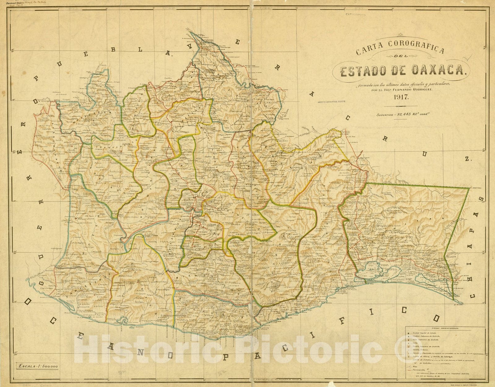 Map : Oaxaca, Mexico 1917, Carta corografica del estado de Oaxaca , Antique Vintage Reproduction