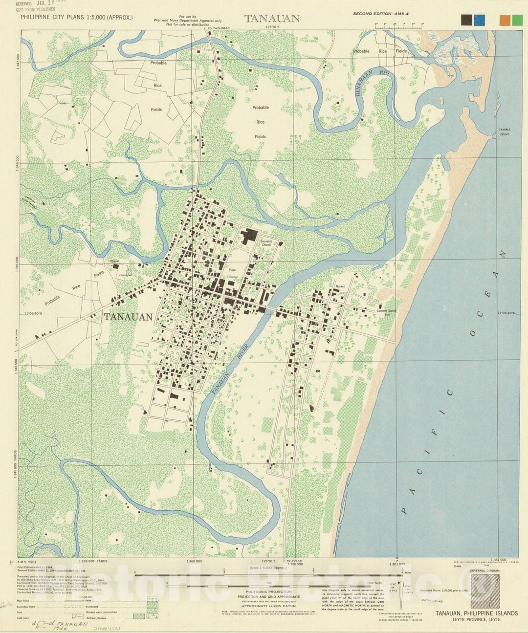 Map : Tanauan, Philippine Islands 1944, Tanauan, Philippine Islands, Leyte Province, Leyte, Antique Vintage Reproduction