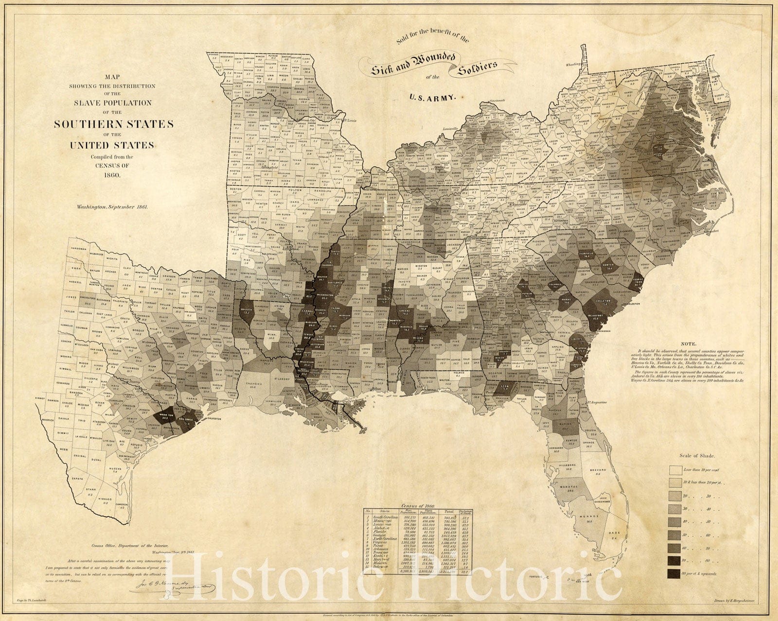 Map : United States Slavery 1861, Map showing the distribution of the slave population of the southern states of the United States. Compiled from the census of 1860