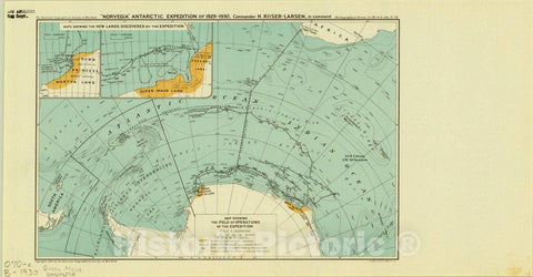 Map : Antarctica 1930, |"Norvegia|" Antarctic Expedition of 1929-1930 : Commander H. Riiser-Larsen in command , Antique Vintage Reproduction