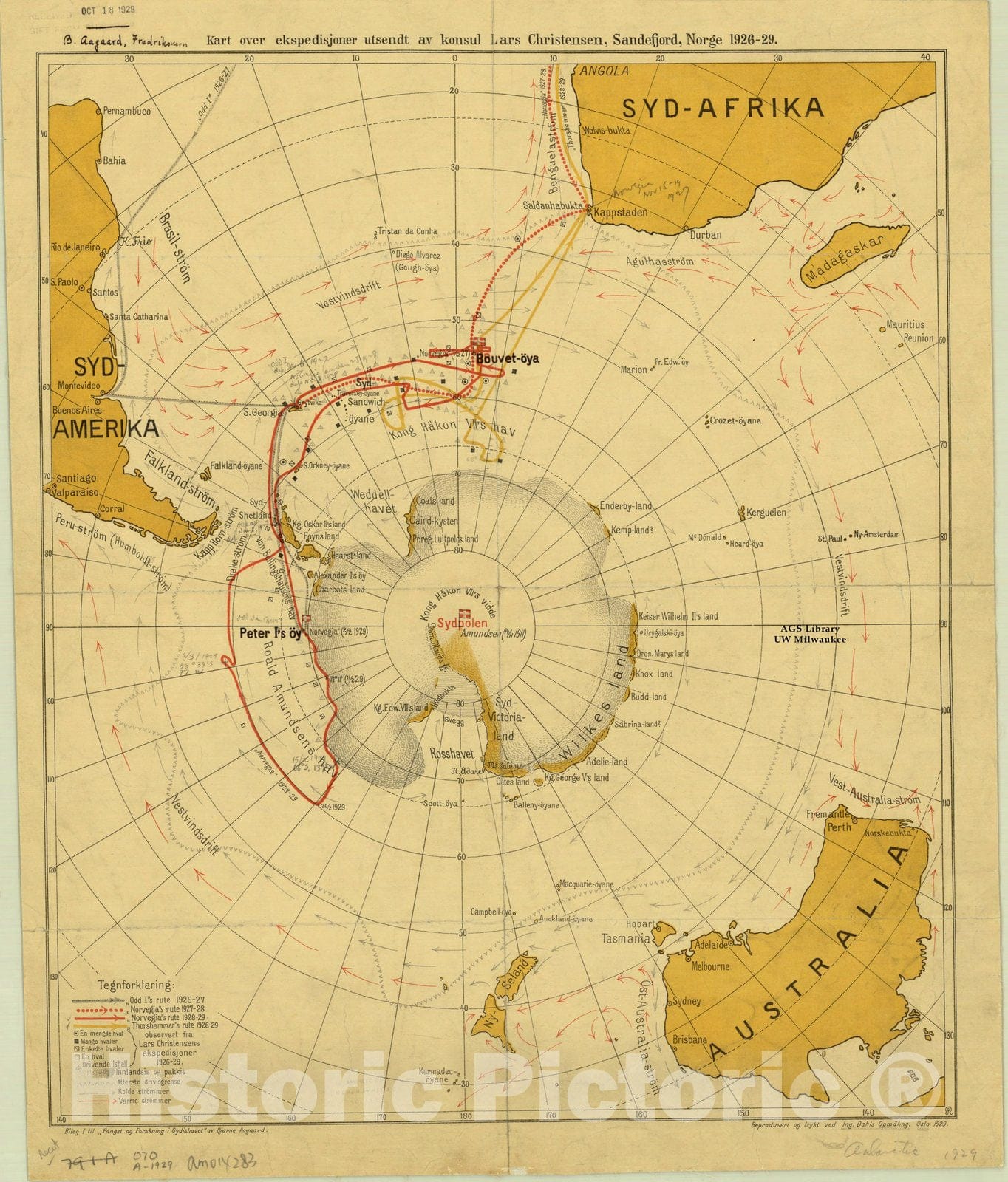 Map : Antarctica 1929, Kart over ekspedisjoner utsendt av konsul Lars Christensen, Sandefjord, Norge 1926-29, Antique Vintage Reproduction