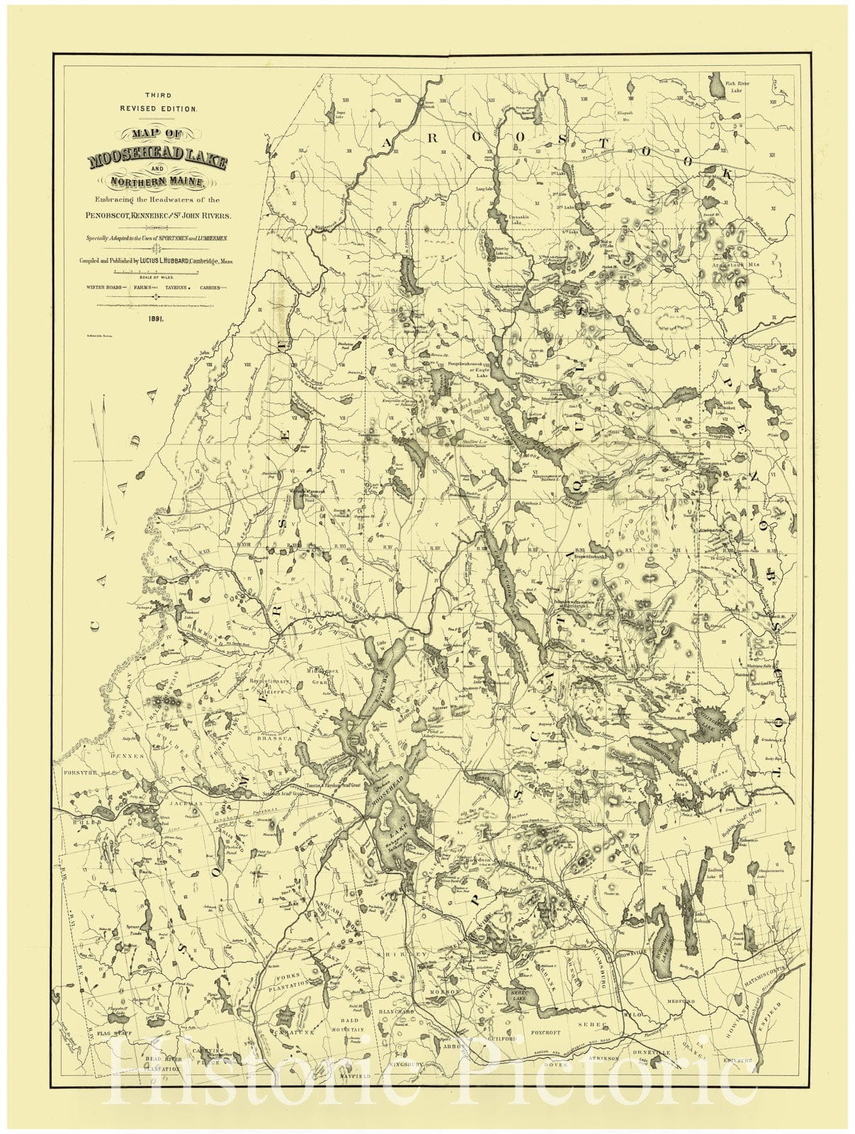 Map : Moosehead Lake Region, Maine 1891, Antique Vintage Reproduction