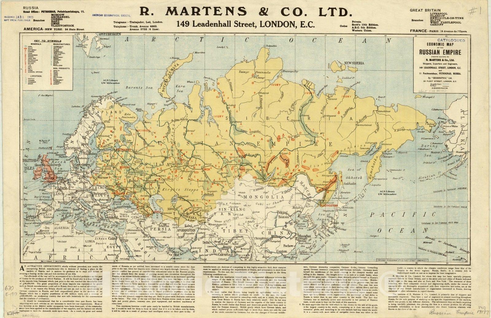 Map : Russia 1917, Economic map of the Russian Empire : prepared especially for R. Martens & Co., Inc. , Antique Vintage Reproduction