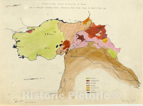 Map : Turkey 1917, Turkey-in-Asia showing distribution of races from Rockerfeller Foundation Report, International Health Board report by Ernst C. Meyer, 1917