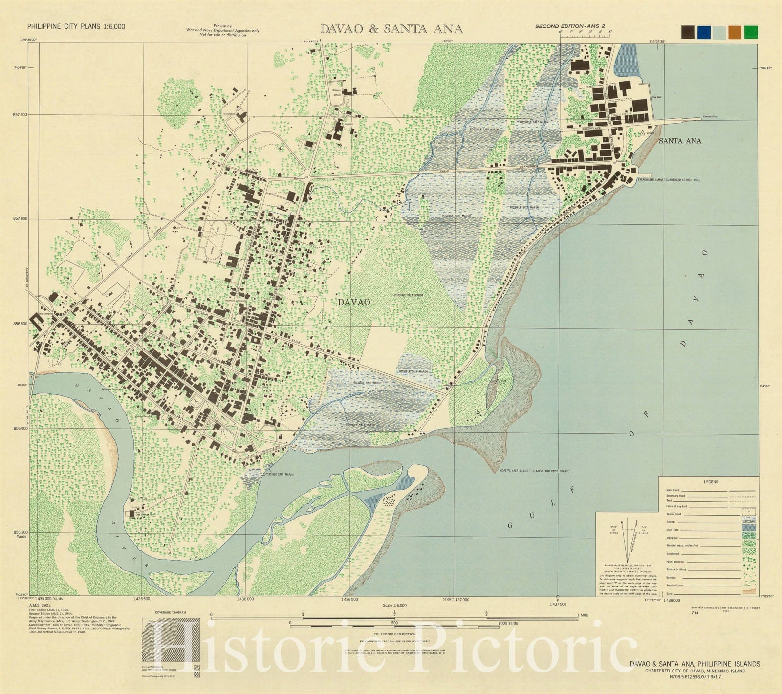 Map : Davao, Philippines 1944, Davao & Santa Ana, Philippine Islands, chartered city of Davao, Mindanao Island, Antique Vintage Reproduction