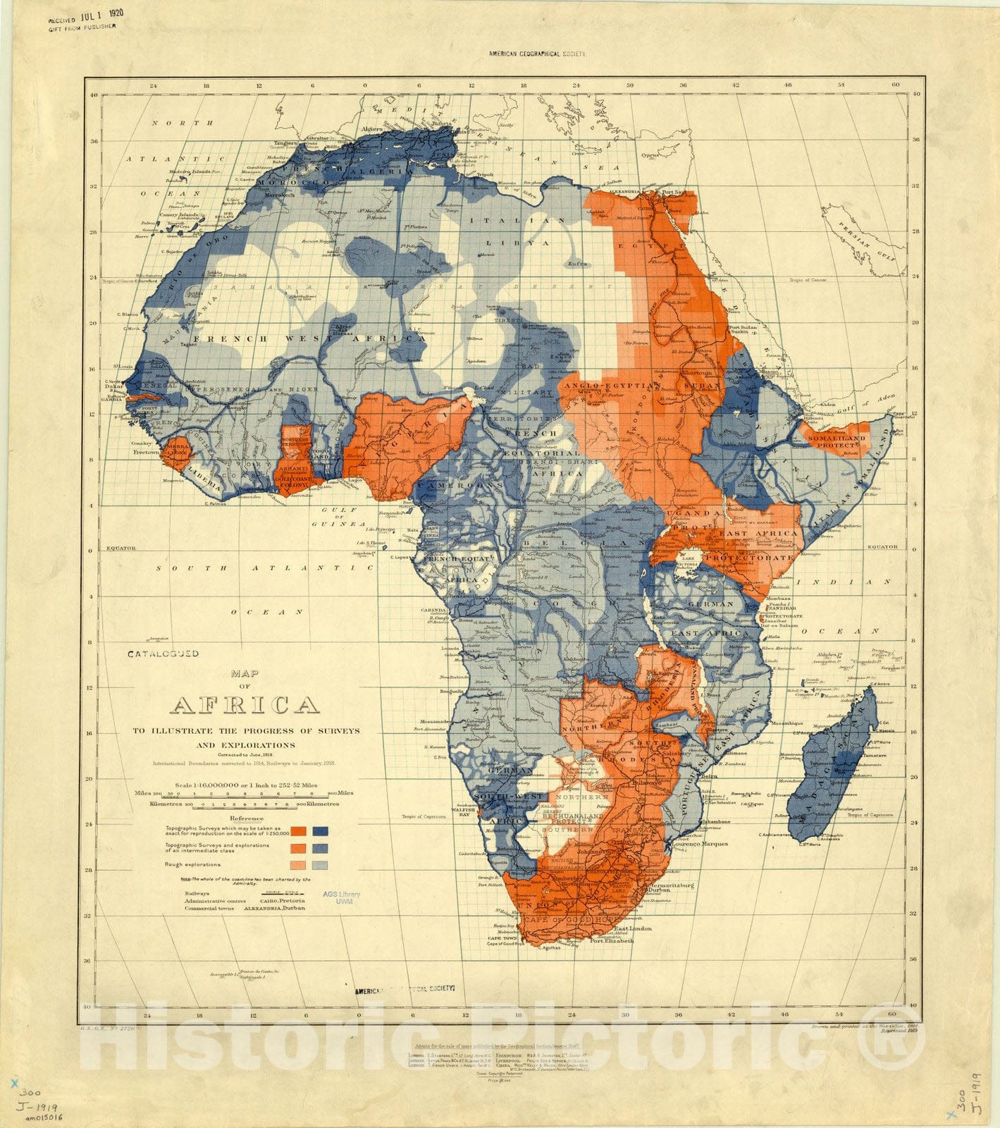 Map : Africa 1919, Map of Africa to illustrate the progress of surveys and explorations , Antique Vintage Reproduction