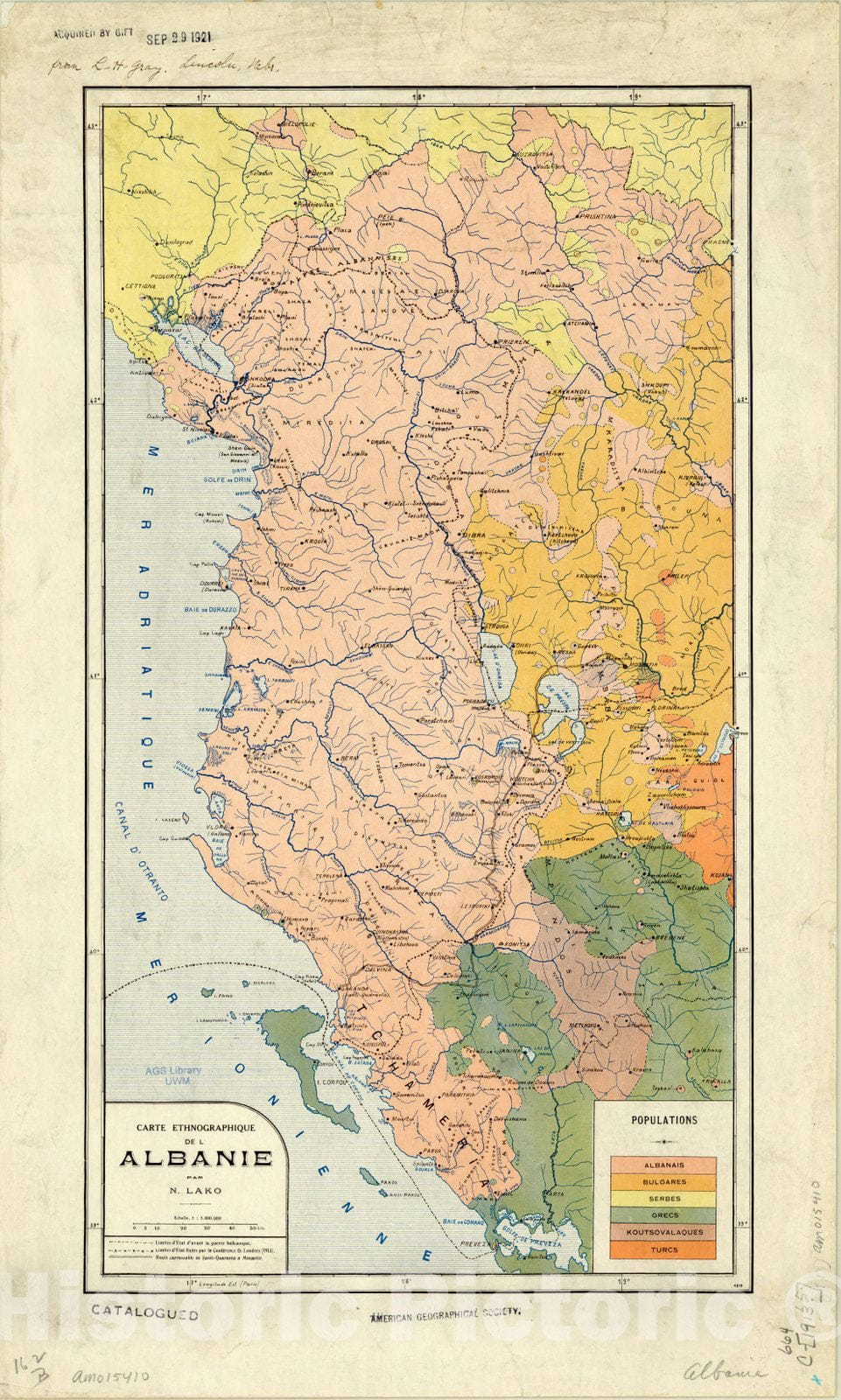 Map : Albania 1913, Carte ethnographique de l'Albanie , Antique Vintage Reproduction