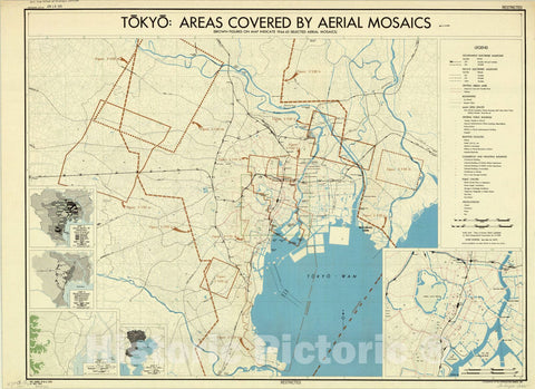 Map : Tokyo, Japan 1945, Tokyo, areas covered by aerial mosaics : (brown figures on map indicate 1944-45 selected aerial mosaic) , Antique Vintage Reproduction