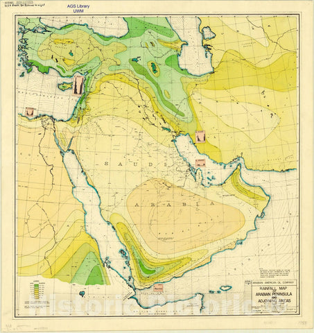 Map : Saudi Arabia 1953, Rainfall map of Arabian peninsula and adjoining areas , Antique Vintage Reproduction