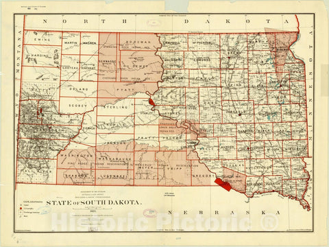 Map : South Dakota 1889, State of South Dakota , Antique Vintage Reproduction