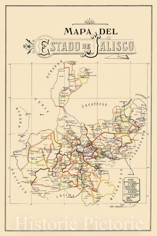 Map : Jalisco, Mexico 1923, Mapa del estado de Jalisco, Antique Vintage Reproduction